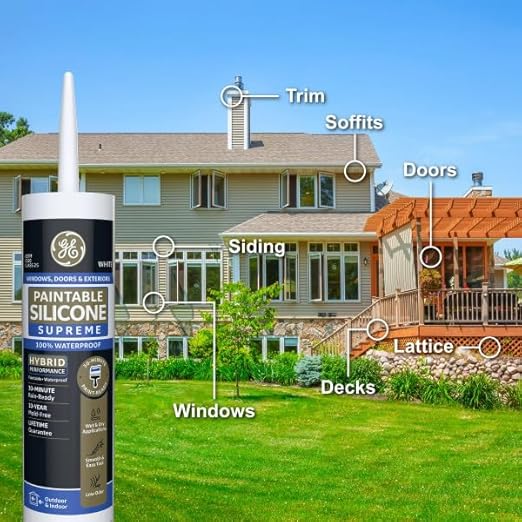 GE Supreme Paintable Silicone Caulk for Window & Door, White, 9.5 fl oz Cartridge, 12 Pack - 100% Waterproof Silicone Sealant, 7X Stronger Adhesion, Freeze & Sun Proof
