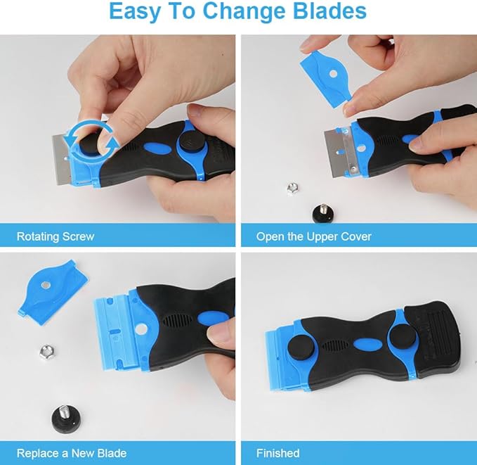 Ainiv Razor Blade Scraper, 2-in-1 Scraper Tool with 10PCS Metal Blades and 10PCS Plastic Blades, Multi-funtional Cleaning Razor Scraper for Decals, Stickers, Labels, Caulk, Adhesive Removal(Blue)