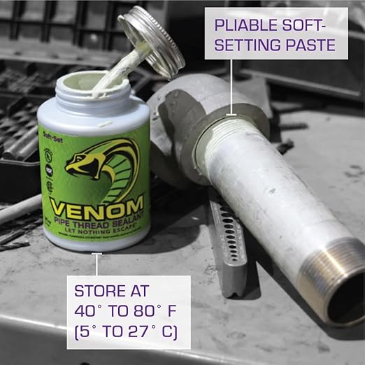 Venom Pro-Grade Pipe Thread Sealant, Soft-Set, High Viscosity, Low Odor, for All Piping Types, 4 fl. oz. Bottle with Brush Cap, Ideal for Gas, Water, Oil, Extreme Temps, 10,000 PSI Liquids