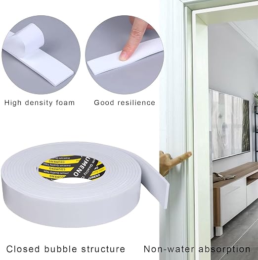 Single Sided Strong Self-Adhesive Foam Tape Strips 2inX16.4FT, White Weather Stripping for Door/Window Seal, Gap Insulation, DIY Homeowners Easy Install (0.12in Thickness)