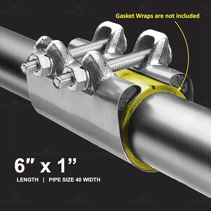 HIGHCRAFT 60100TTSD-5, Single Pipe Repair Clamp 1'', Double Bolt, 6” Long, Stainless Steel (5 Pack), Chrome