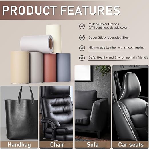 Self Adhesive Leather Repair Patch Kit, 4" x 63" Large Vinyl Leather Repair Tape for Furniture, Car Seat, Couch, Sofa, Chair Black