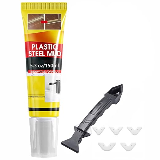 XIRUJNFD 5.3 Oz Multifunctional Waterproof White Caulk with Scraper, Plastic Steel Repair Adhesive for Kitchen Bathroom, Stronger Adhesion Sealant for Window Toilet Sink, Quick-Drying (1 Set)