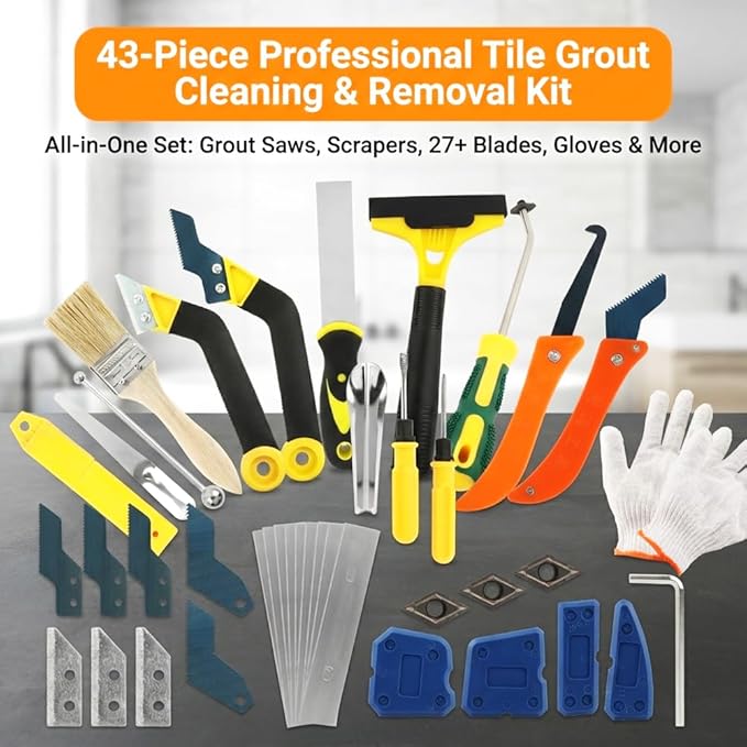 43 PCS Grout Removal Tool Kit, Tile & Sealant Remover Set with Grout Saw, Scrapers, Blades & Caulk Tools for Bathroom, Showers, Ideal for Tile Gap Cleaning and Repair