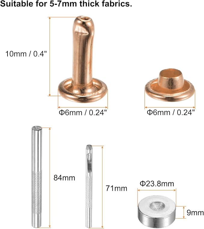 HARFINGTON 100 Sets Leather Rivets 10 x 6mm Metal Double Cap Rivet Snaps Studs Fasteners with 3pcs Setting Tools Rivets for Leather Craft DIY Repair Decoration, Light Gold Tone