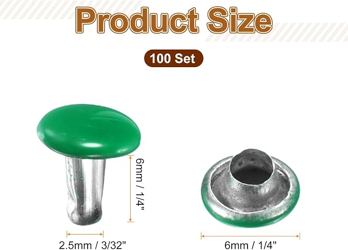 HARFINGTON 100 Sets Double Cap Leather Rivets, 6x6mm Round Cap Tubular Metal Studs Leather Crafting Rivets for Fabric Belt Pet Collar Boot Bag Repair and Decoration, Green