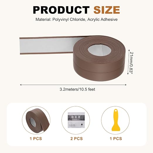 uxcell Caulk Tape Waterproof, 0.83 Inch x 10.5 ft Self-Adhesive Sealant Sealing Strip Caulking Sealant Tape PVC with Tool for Kitchen Sink Toilet Bathroom Bathtub Floor, Brown