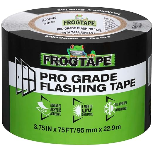 FrogTape Pro Grade Flashing Tape for Windows & Doors, 3.75 Inch Width - 75 Foot Roll, All Weather & UV Resistant Flashing Tape with Advanced Acrylic Adhesive - 10 mils - Black (Pack of 12)