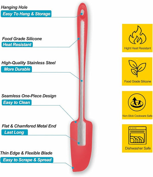 2-Pack Vovoly Silicone Jar Spatulas, Small Seamless Design Rubber Scraper with Stainless Steel Core, Heat Resistant and Non-Stick Mini Spatula for Jars and Blenders, BPA Free,11 IN, Red