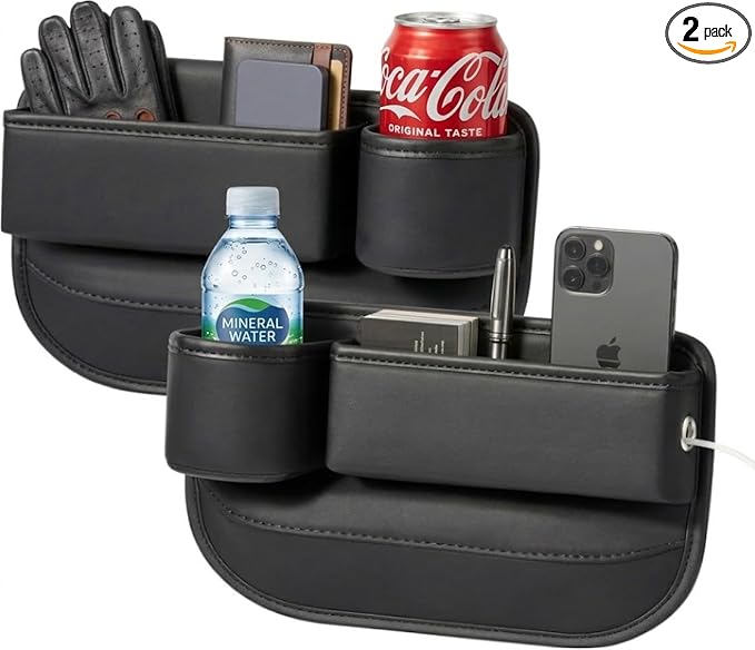 2-Pack Car Seat Gap Filler Organizer with Cup Holder - Premium Leather - Universal Fit - Keeps Phone/Wallets/Keys/Cans Organized (Driver & Passenger Side)
