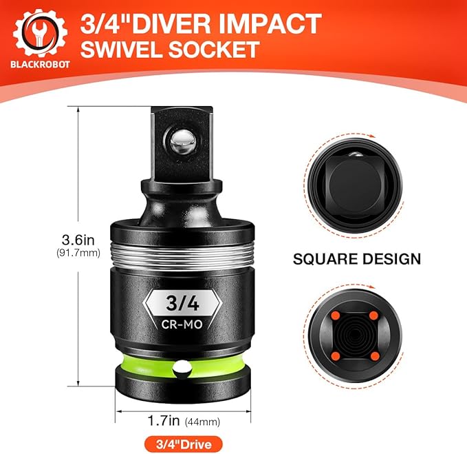 BLACKROBOT 3/4" Drive Impact Universal Joint Set, CR-MO Swivel Socket Adapter for Heavy-Duty & Automotive Repair, Flexibly Reach Tight-Angle Fasteners