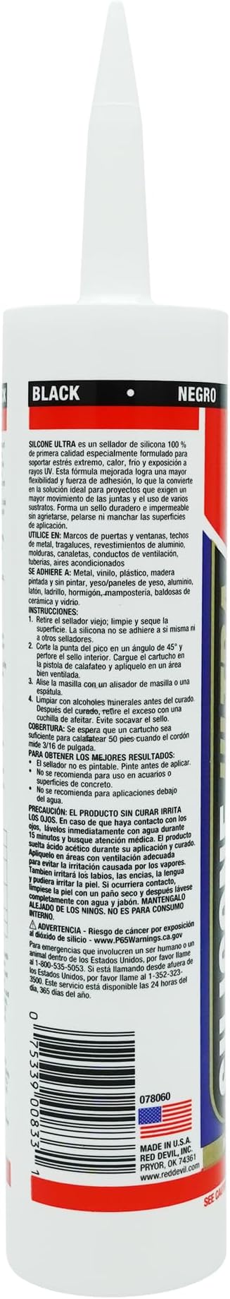 Red Devil 078060 Silicone Ultra 100% RTV Silicone Sealant, 10.1 oz., Black, 1 Pack