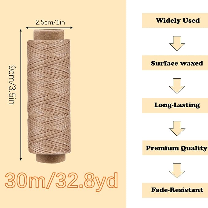 Leather Sewing Waxed, Dark Khaki Waxed Thread for Beginners Leather Craft DIY Supplies, Shoe Repairing, Jewelry Making (32.8Yards)