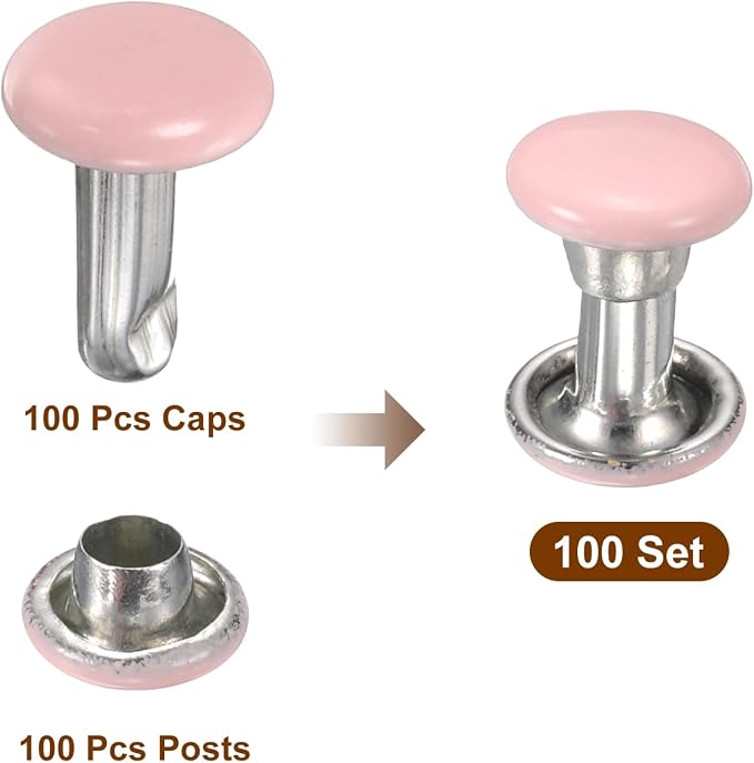 HARFINGTON 100 Sets Double Cap Leather Rivets, 6x8mm Round Cap Tubular Metal Studs Leather Crafting Rivets for Fabric Belt Pet Collar Boot Bag Repair and Decoration, Pink