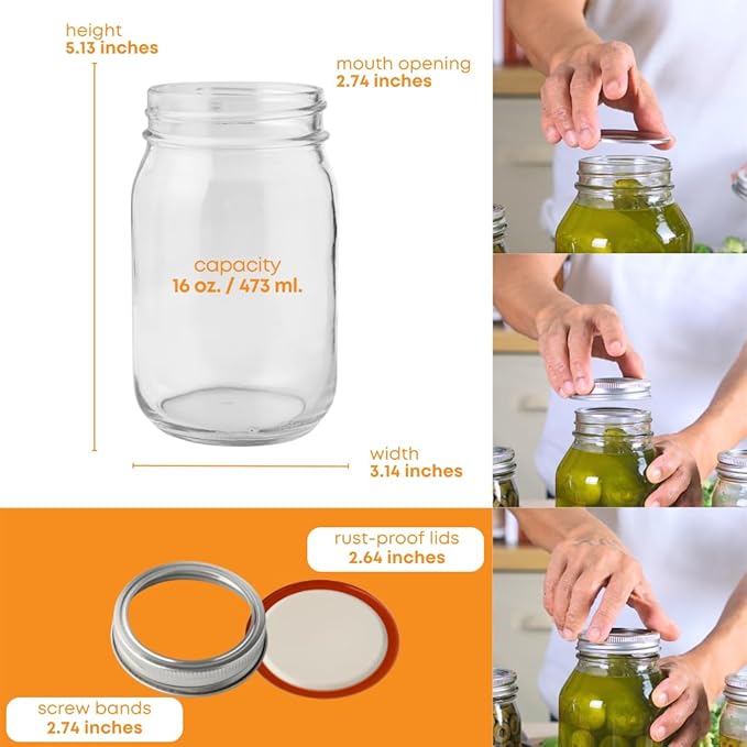 FastRack Regular Mouth Glass Mason Jars with Metal Airtight Lids | 16 oz - Pack of 12 | Large Glass Jars for Food Storage with Lids | Ideal for Canning, Fermentation, Pickling, Kombucha Brewing