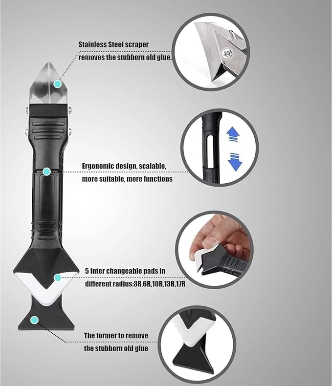 Silicone Caulking Tool 3 in 1, Glass Glue Angle Scraper, Stainless Steelhead Caulk Remover and Sealant Scraper, for Kitchen Bathroom Window and Frames Sealant Seals