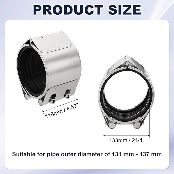 HARFINGTON Pipe Repair Clamp 5-1/4" OD 131mm-137mm 304 Stainless Steel Leak Sealer Emergency Pipe Repair for Plastic Metal Tubing Water Gas Oil Lines, Silver