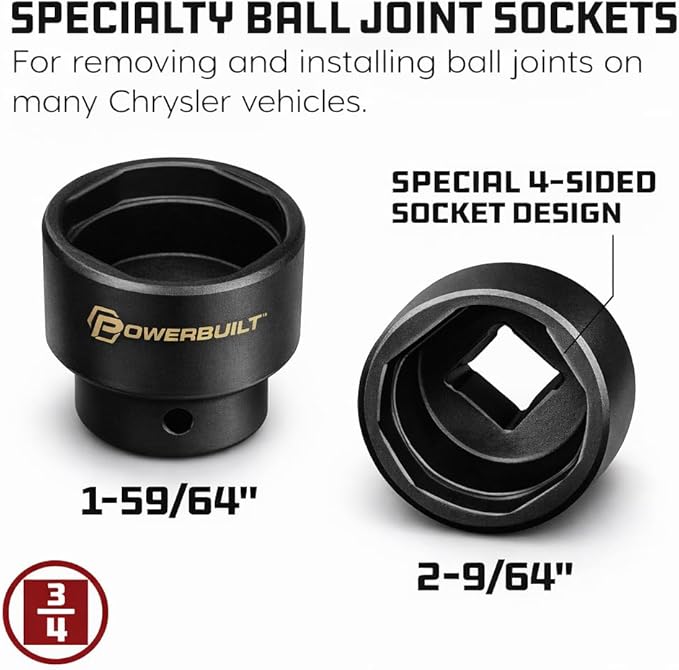 Powerbuilt 2 Piece Specialty Ball Joint Socket Set, Removes and Installs Chrysler Upper Ball Joints, 3/4" Drive 4-Sided Design with Storage Case - 648749