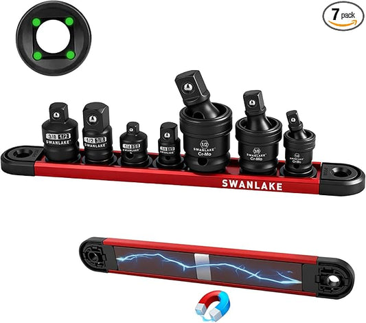 7-Piece Impact Swivel Socket Adapter Set, 1/4" 3/8" 1/2" Drive Universal Joint Socket Set CR-MO Steel, Wobble Joint Sockets Reducer with Magnetic Aluminum Sockets Rail