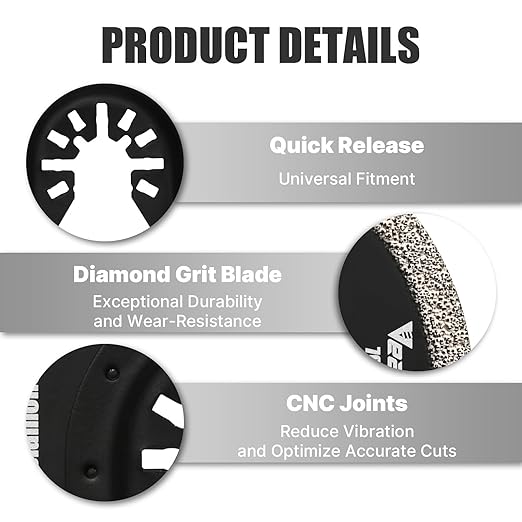 Diamond Oscillating Saw Blades 4PCS, 3'' Universal Multitool Blades for Grit Grout Removal, Quick Release Multi Tool Kit for Tile, Air Brick, Cement, Concrete, Masonry