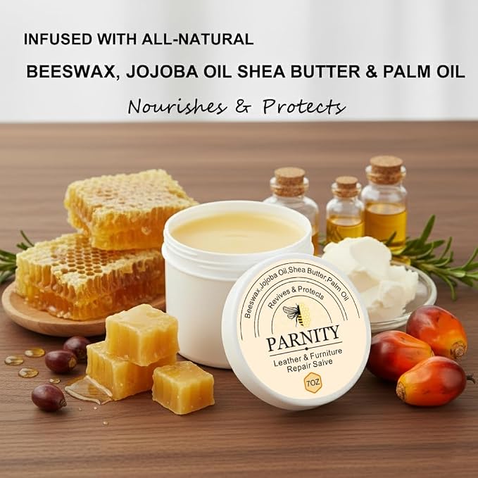 Leather & Furniture Repair Salve, Moisturizer, Polisher & Restorer | Leather Cleaner and Conditioner for Car Seats, Couches, Boots, Saddles & Hardwood Floors, Prevent Cracking or Fading 7oz