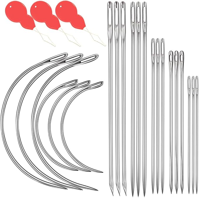 Heavy Duty Hand Sewing Needles Kit, 21 PCS Leather Sewing Needles with 15 Leather Hand Sewing Needle and 6 Curved Needle for Home Upholstery, Leather Needles for Hand Sewing