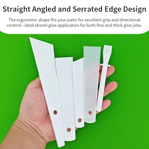 5Pcs White Plastic Glue Spreader Smear Plate Scraper Sticks Brushes Durable Flexible Easy to Clean Glue Applicator Spatula Kit Gap Filling Tool for Woodworking Leather Adhesive Projects,5Size
