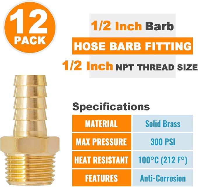 SUNGATOR 12-Pack 1/2'' Air Hose Fittings, Brass Hose Barb Fittings, 1/2 Inch NPT Male Pipe to 1/2'' Barb End Aadapter, Brass 1/2'' Air Line Repair Kit for Compressor, Gas, Auto Shop