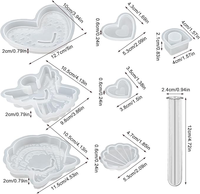 DLAND 3 Piece Silicone Vase Molds for Resin Casting, Includes Angel, Heart, Shell Epoxy Resin Molds, with 8 Test Tubes, Reusable Epoxy Molds for Flowers Display, Home Decoration & DIY Crafts