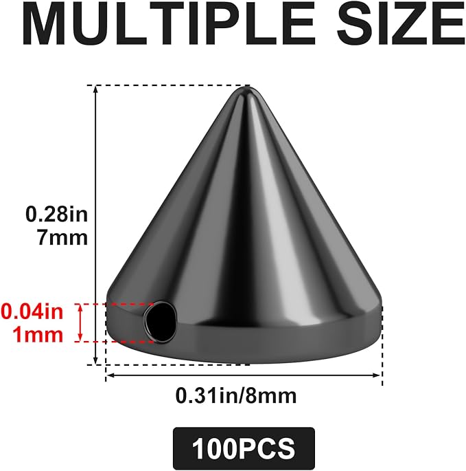 OIIKI 100 PCS 8 mm ABS Bullet Spike Cone Studs, Rivets Cone Spike Studs Beads, Flat Back Punk Spikes DIY Crafts Studs Glue on Decoration for Leather Clothes Belt Bags Jewelry Trims - Black