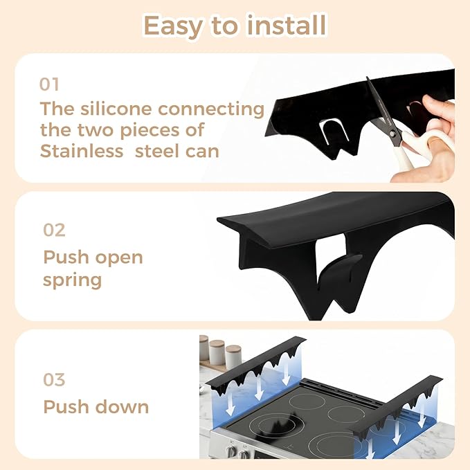 Silicone Stove Gap Covers with Stainless Steel, Oven Gap Filler Seals Gaps Between Stovetop and Counter, Stove Gap Guards Range Trim Kit, Easy to Clean Stove Gap Guard (Black 2 Pack,25"with mat)