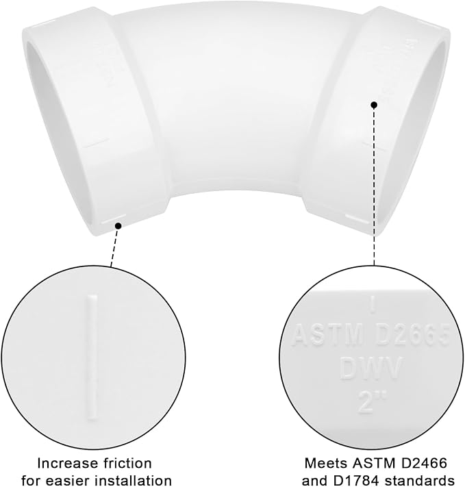 3Pack 2" PVC DWV Sanitary 45-Degree Elbow Pipe Fitting Connector (Socket x Socket) White SCH40 2" PVC DWV 45° Elbow Corner Adapter for Drain, Waste, Vent