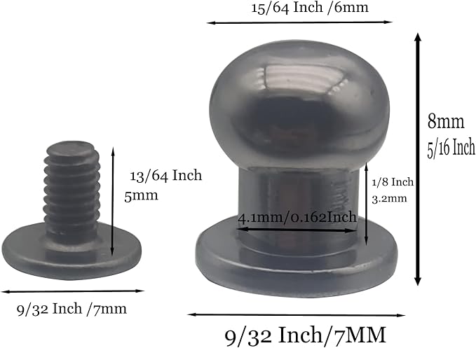 Denailey 12 Sets Solid Brass Round Head Button Stud Screw Leather Rivet Chicago Screws Button Rivets for Leather Craft Belt Wallet Handbag Repairs Decoration (Round Head Size 6mm, Shiny Gunmetal)