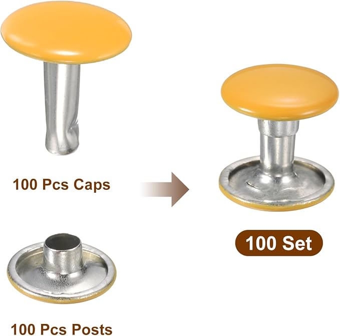 HARFINGTON 100 Sets Double Cap Leather Rivets, 10x10mm Round Cap Tubular Metal Studs Leather Crafting Rivets for Fabric Belt Pet Collar Boot Bag Repair and Decoration, Yellow