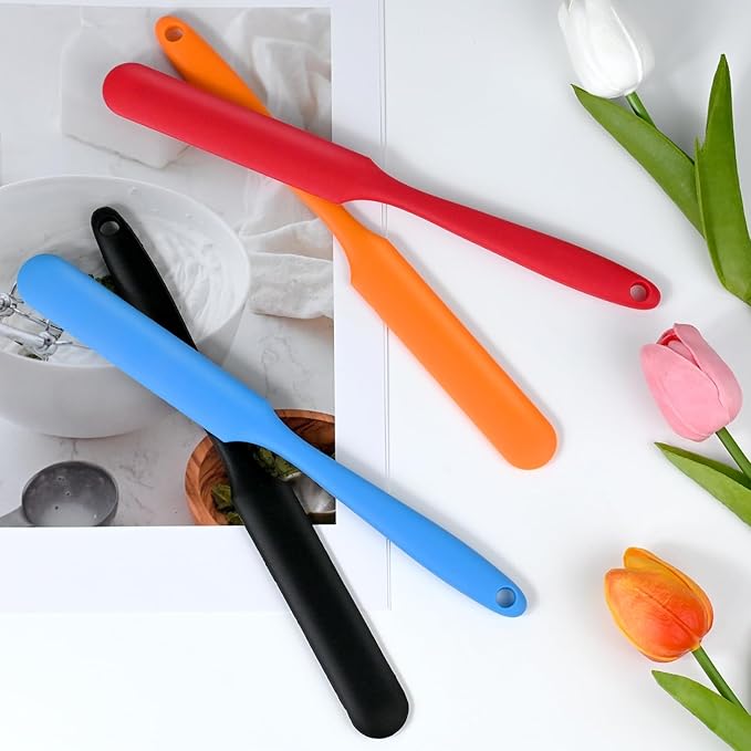 4-Piece Silicone Jar Spatula Set - Long Handle Nonstick Tool for Peanut Butter, Jam, Cake Decorating | Batter Mixing Blade, Flexible Baking & Cooking Utensil (4 Colors)