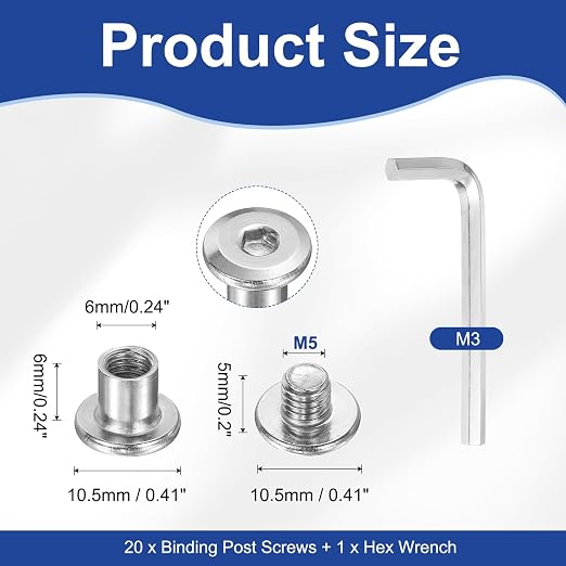 PATIKIL M5x5mm Hex Chicago Screws 6x6mm, 20Pcs 304 Stainless Steel Metric Hex Drive Socket Cap Binding Post Screw Posts for Scrapbook Leather Belt Album Furniture Repair, Silver
