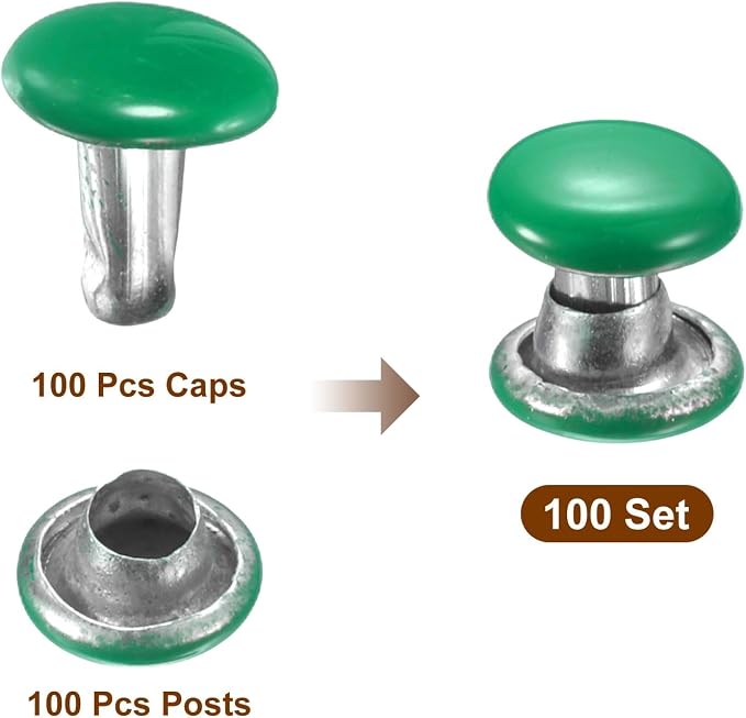 HARFINGTON 100 Sets Double Cap Leather Rivets, 6x6mm Round Cap Tubular Metal Studs Leather Crafting Rivets for Fabric Belt Pet Collar Boot Bag Repair and Decoration, Green