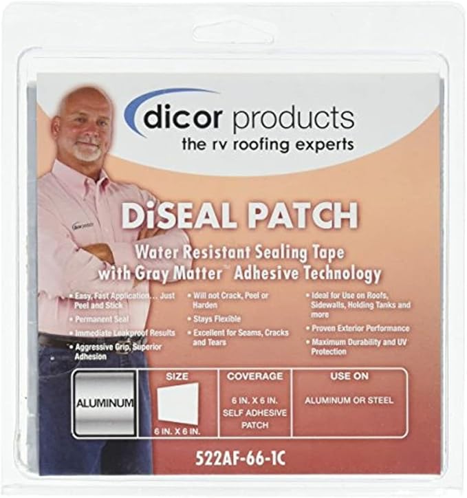 Dicor 522AF-66-1C DiSeal Silver Patch Sealing Tape - 6" x 6" - Ideal for Quick and Easy Repairs on RV Roofs and More