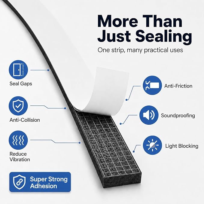 1" x 2" EVA Foam Weather Stripping Tape, 13FT Self-Adhesive Foam Seal Strip for Large Door & Window Gaps, Black