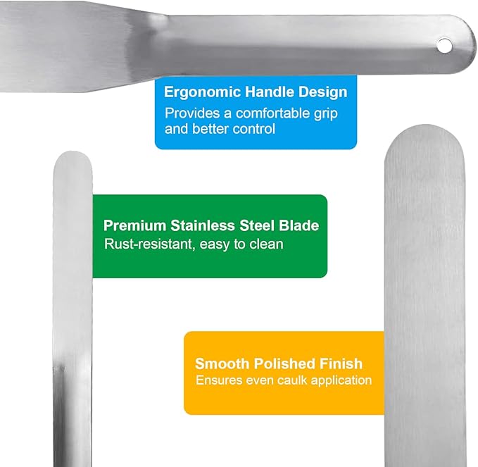 7-Piece Caulking Spatula Tool Set, Stainless Steel Caulk Finishing Tools with Curved Streamline Spatulas, Tip Widths from 3/8” to 1-1/2” for Sealing, Smoothing, and Adhesive Work