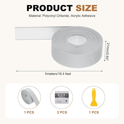 uxcell Caulk Tape Waterproof, 0.83 Inch x 16.4 ft Self-Adhesive Sealant Sealing Strip Caulking Sealant Tape PVC with Tool for Kitchen Sink Toilet Bathroom Bathtub Floor, Gray