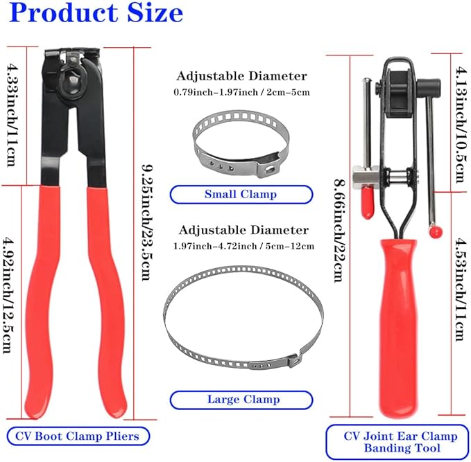 Universal CV Boot Clamp Pliers and CV Joint Ear Clamp Banding Tool,with 10pcs 304 Stainless Steel Adjustable Axle CV Joint Boot Crimp Clamp