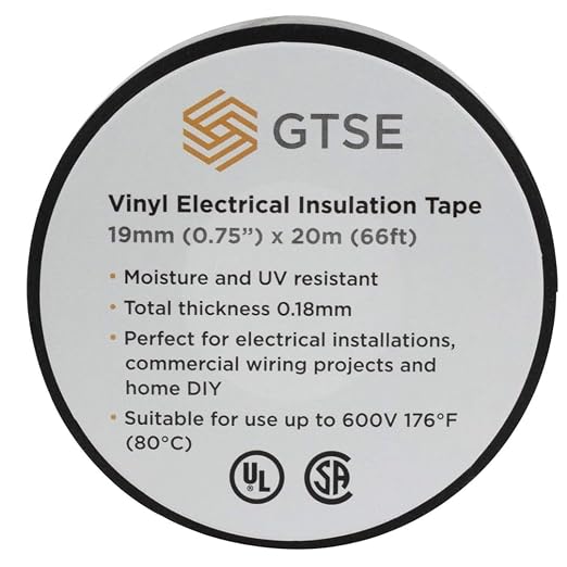 GTSE Black Electrical Tape, 1 Roll – Waterproof, Industrial Grade Vinyl, 3/4 in x 66ft– Strong Self-Adhesive PVC Electric Tape for Wire Insulation, 7 Mil, 600V – UL/CSA Listed