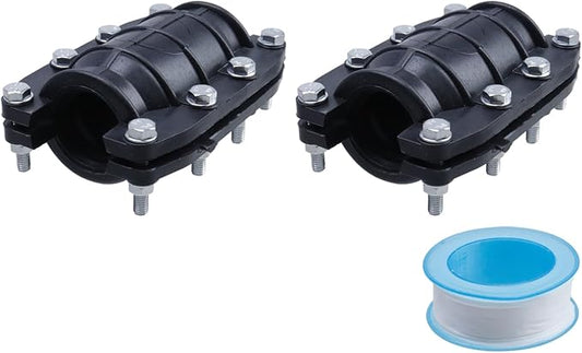 2 Pcs 1 1/4 inch Pipe Repair Clamp Leak Sealer, Emergency Pipe Repair Kit, Fitting for PE/PVC Pipe Repair, Steel Pipes, Iron Pipes, 1 15mm Roll of Raw Material Tape of Length 6 Meters