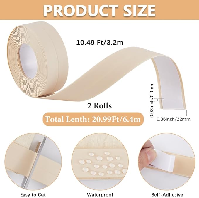 CRASPIRE 2 Rolls 10.5 Feet Bathtub Sealing Strip Waterproof Sealant Tape Beige PVC Stain Proof Self Adhesive Bathroom Toilet Edge Protector Caulking Replacements Strips for Kitchen Bath Floor Caulk