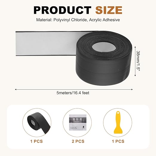 uxcell Caulk Tape Waterproof, 1.5 Inch x 16.4 ft Self-Adhesive Sealant Sealing Strip Caulking Sealant Tape PVC with Tool for Kitchen Sink Toilet Bathroom Bathtub Floor, Black