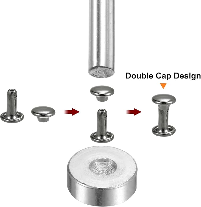 HARFINGTON 100 Sets Leather Rivets 8 x 10mm Metal Double Cap Rivet Snaps Studs Fasteners with 3pcs Setting Tools for Leather Craft DIY Repair Decoration, Gunmetal