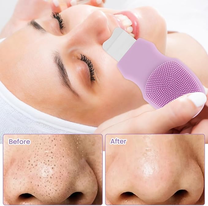Blackhead Remover Tool for Face and Nose, 2 in 1 Silicone Face Cleansing Brush and Stainless Steel Blackhead Scraper Spatula, Mask Applicator for Men and Women(Purple)