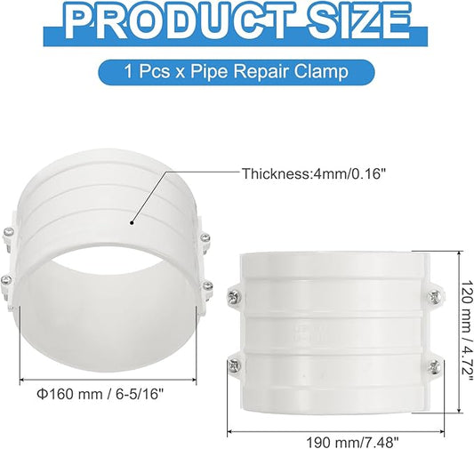 PATIKIL 6-5/16" Water Pipe Repair Clamp PVC Leak Sealer for OD 160mm PE/PPR/Pipes and Plumbing (Length 4.7 Inch), White