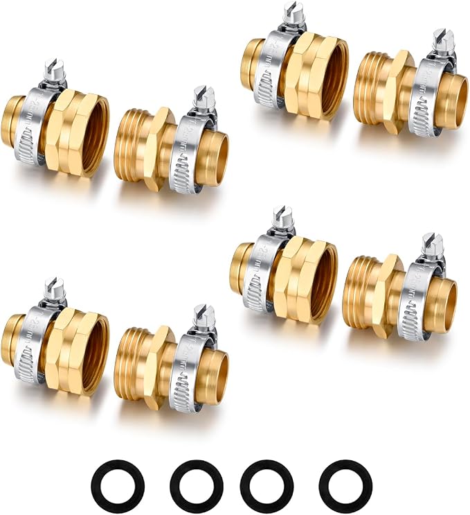 SIGURANTA Garden Hose Repair Connector with Clamps Hose End Repair Kit,3/4" Barb Garden Hose Fittings Male and Female brass garden hose ends (3/4"Barb-4 Set)